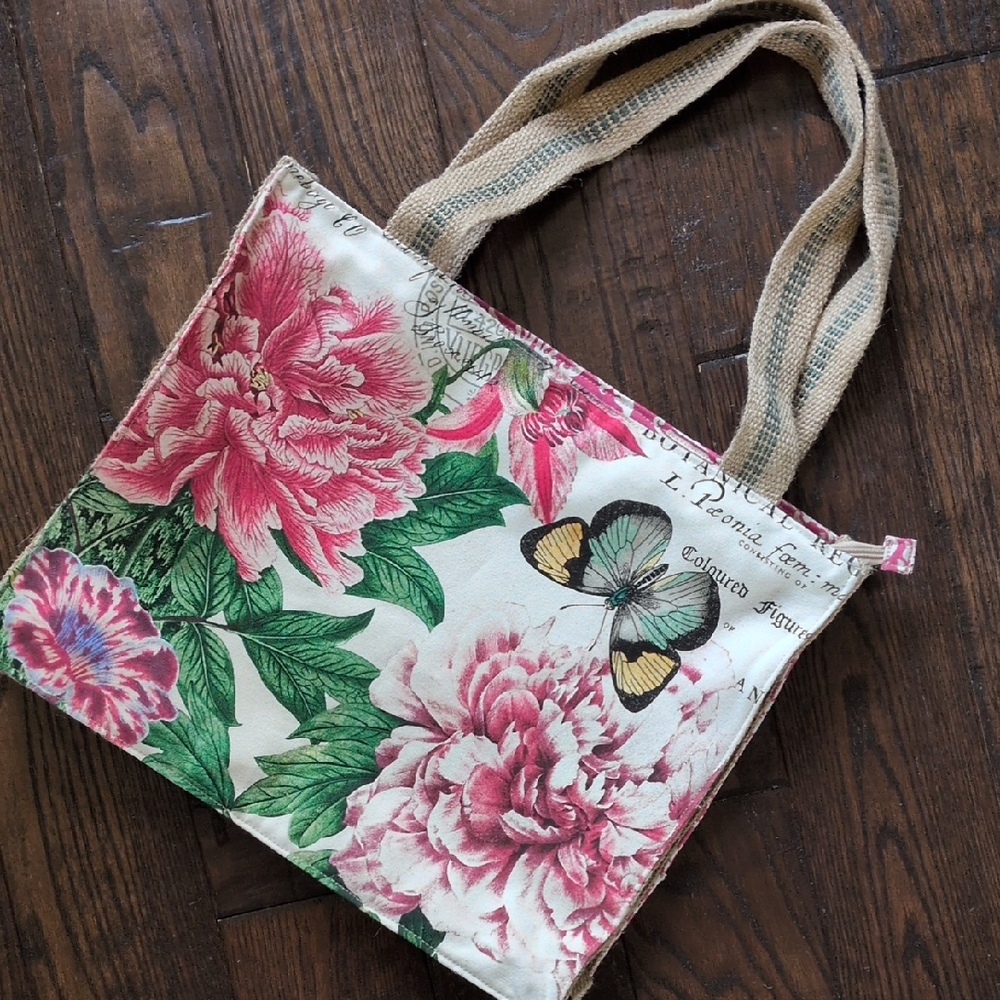 MICHEL DESIGN WORKS I Fabric Floral Butterfly Canvas Tote Bag w/ Burlap Handles - Picture 2 of 14